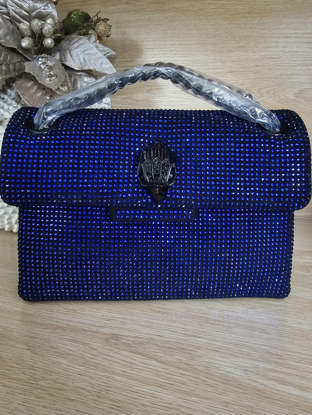 Kurt Geiger Smal Fabric Drench Blue Crystal Embellished Evening Top-Handle Bag.